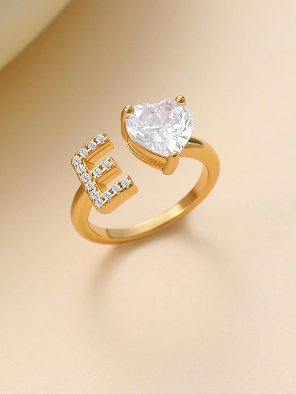 Gold Initial E Ring with Heart CZ Accent - Women Jewelry
